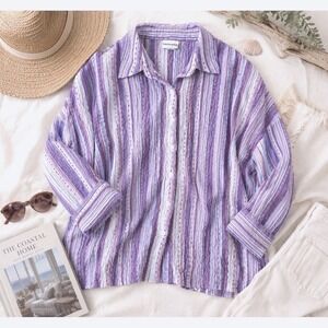 Wms 90s Vtg Button Up Shirt 2X Purple Striped Seersucker Coastal Breckenridge